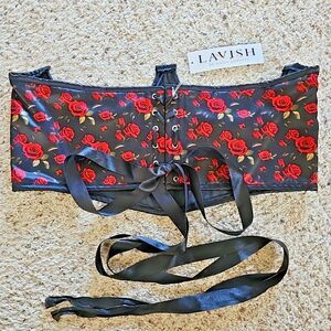 Daisy Corsets Lavish Red Roses Satin Open Cup Waist Cincher Corset 3XL NEW Black